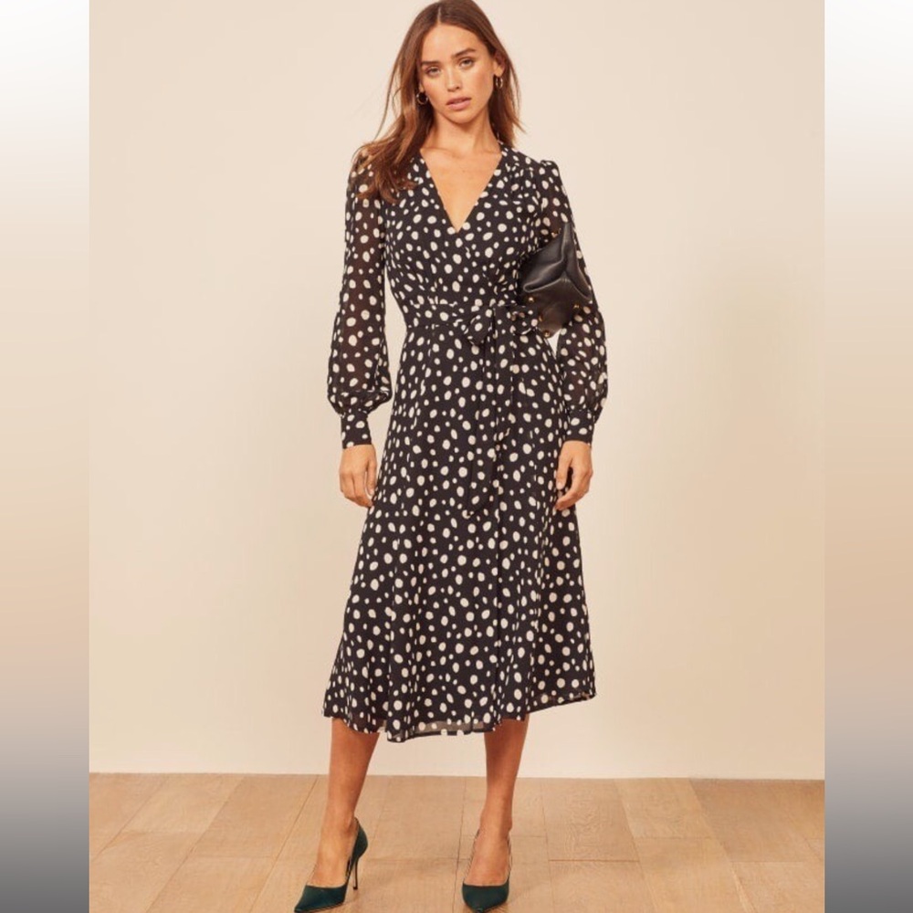 Reformation Black and White Polka Dot Long Sleeve Dress